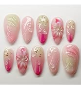 30Pcs Summer Press On Nails Medium Almond Cute Fruit Fake Nails with 3D Blueberry & Citrus Slice ...