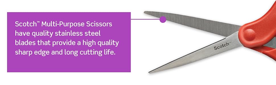 Scotch Multi-Purpose Scissors have stainless steel blades for high quality, sharp edge.