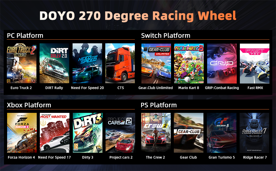 DOYO 270 Degree Racing Wheel gaming accessory compatibility chart showing supported games across PC, Switch, Xbox and PS platforms.