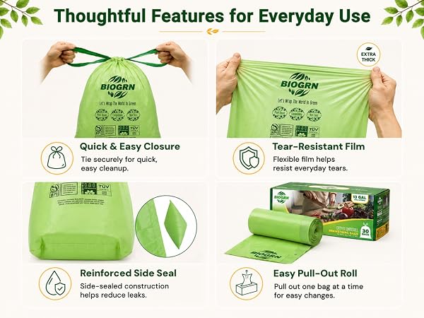 BIOGRN bag details including closure, film, star seal, and pull-out roll.