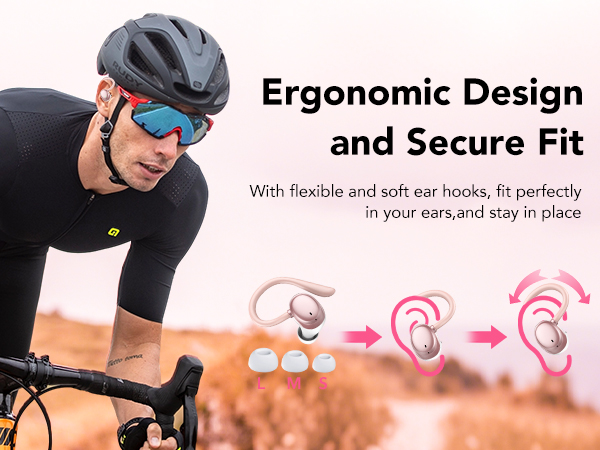 Text reads 'Ergonomic Design and Secure Fit With flexible and soft ear hooks, fit perfectly in your ears and stay in place'. Cyclist wearing gray helmet and sunglasses with earbuds shown, three pink ear hook size options displayed.