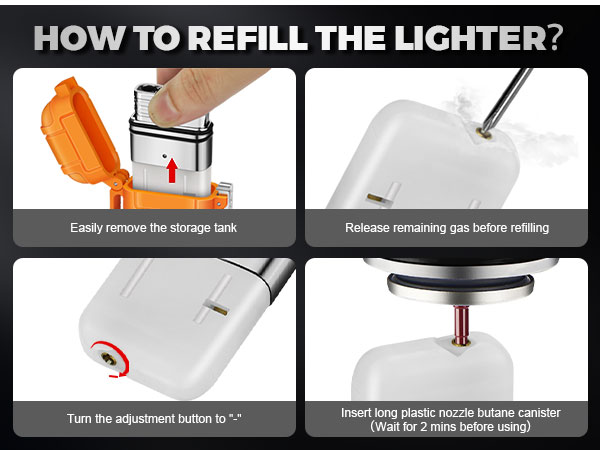 Step-by-step instruction guide for refilling a lighter, showing tank removal, gas release, adjustment, and butane canister insertion.