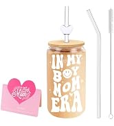 DAMCONME Gifts for Mom from Son – In My Boy Mom Era 16oz Glass Cup with Lid and Straw – Cute Iced...