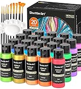 Metallic Acrylic Paint Set, Shuttle Art 20 Colors Metallic Paint in Bottles (60ml, 2oz) with 3 Br...
