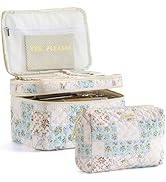 HBselect 2Pcs Double Layer Travel Makeup Bag Women, Cotton Quilted Makeup Bag Coquette Makeup Bag...