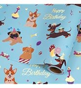 Dog Wrapping Paper Roll Happy Birthday Blue Gift Wrapping Paper for Boys Girls, Mini Roll, Gold F...