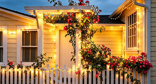 Residential house exterior at dusk illuminated with warm yellow lighting. Two-story home with white siding, windows, and climbing ivy vines with green foliage along decorative trellis structures.