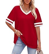 WIHOLL Womens T Shirts Loose Fit Short Sleeve Tees V Neck Color Block Summer Tops 2026 Fashion