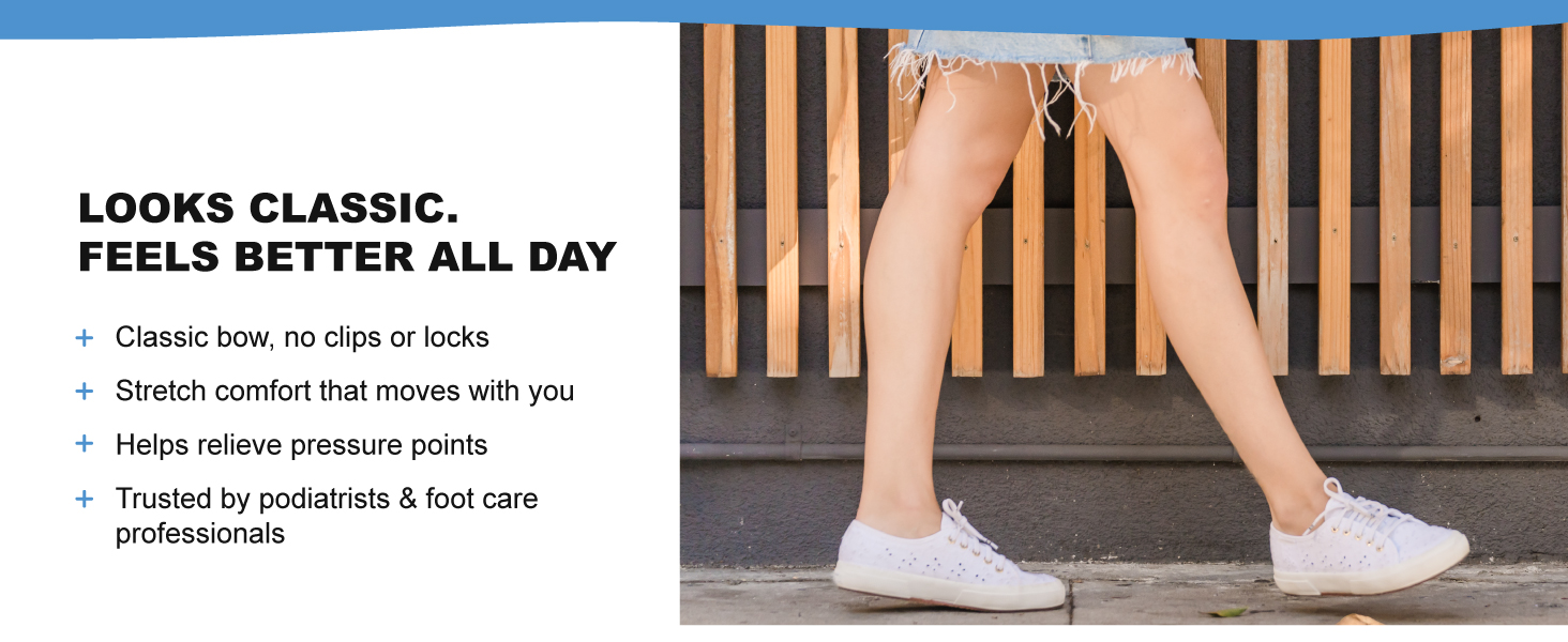 Elastic shoelaces with a classic bow, all-day stretch comfort, and no hardware.
