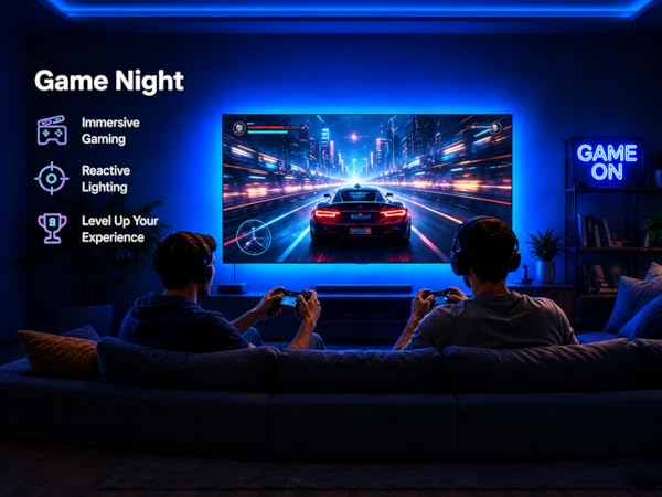 Immersive gaming experience with TV ambient LED backlight for game nights.