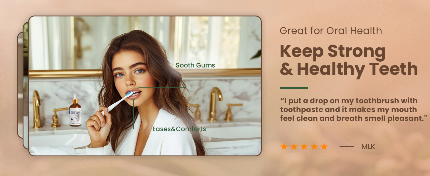 Text reads 'Keep Strong & Healthy Teeth'. Series of dental care-related images showing oral hygiene practices and dental products.