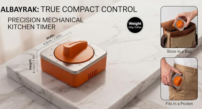 ALBAYRAK compact orange timer with dimension labels, pocket, and bag fitting.