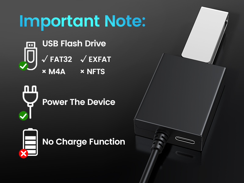 Technical specifications diagram showing USB flash drive compatibility (FAT32, exFAT) and power functionality details with icons on black background.