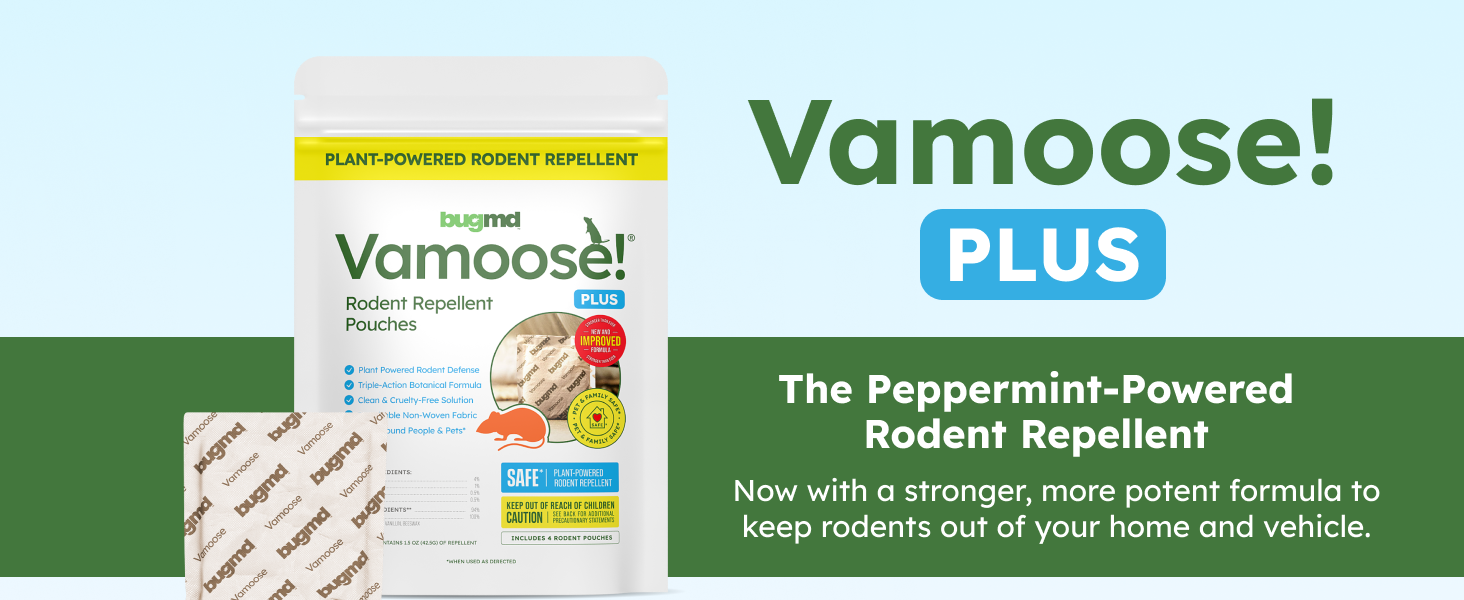 BugMD Vamoose! Plus peppermint-powered rodent repellent pouches, safe for home and vehicle.