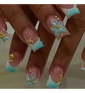 Medium Coffin Press On Nails Light Blue French Tip Fake Nails 3D Flower Gold Shell Pearl Rhinesto...