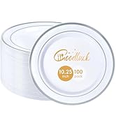 Goodluck 100PCS Silver Plastic Plates, 10.25 Inch Dinner Plate with Silver Rim, Heavy Duty Dispos...