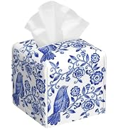 Watercolor Floral Leather Tissue Holder,Blue Birds Square Tissue Box Cover,Modern Decorative Faci...
