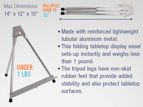 Lightweight aluminum tabletop easel, 14x12x15 in, folds to 15 in, under 1 lb, non-skid rubber feet