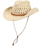 Straw Cowboy Hat for Women Men Wide Brim Sun Beach Hat with Chin Strap Breathable Western Cowgirl...