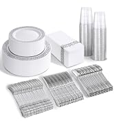BUCLA 350PCS Silver Plastic Dinnerware Set - Silver Plastic Plates Disposable Lace Design for 50 ...