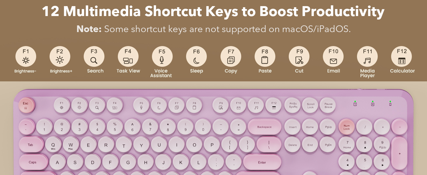 12 shortcut keys let you adjust brightness, search, manage task, control media, and so on