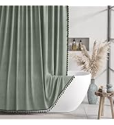AmazerBath Farmhouse Shower Curtain, Sage Green Linen Shower Curtain with 3 Side Green Tassel, Fa...