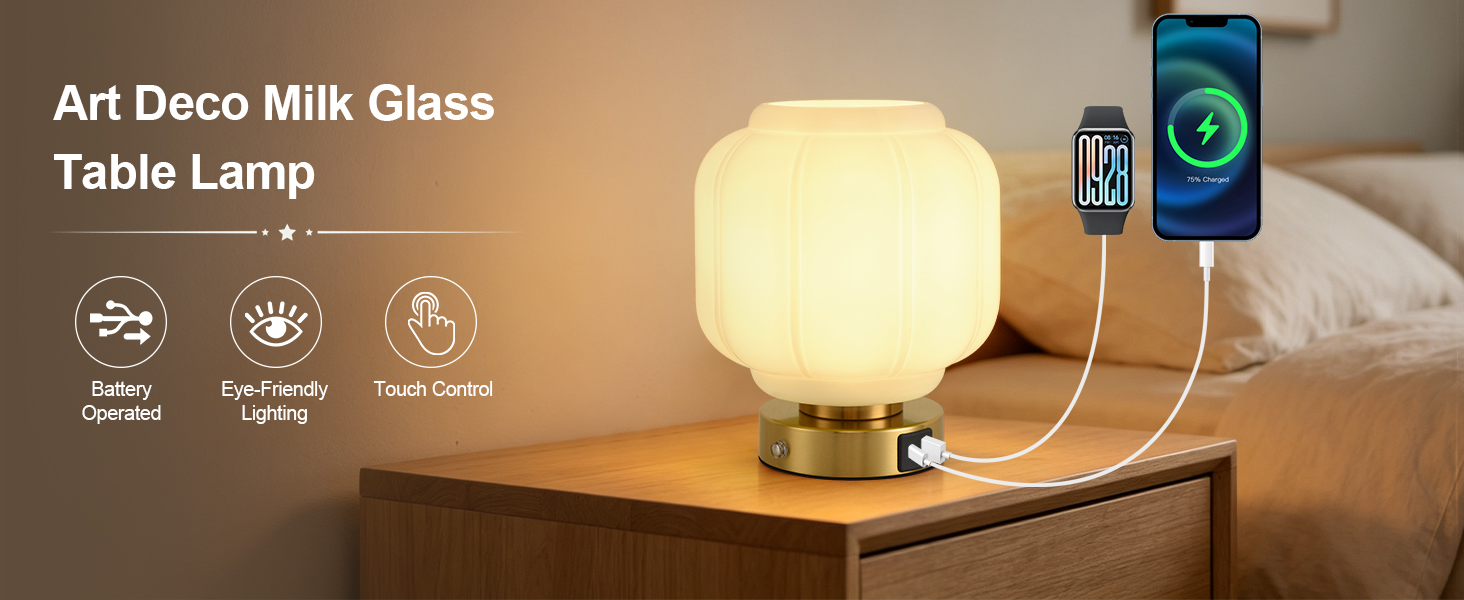 Rechargeable Table Lamp Cordless Milk Glass Bedside Lamp Small white and gold