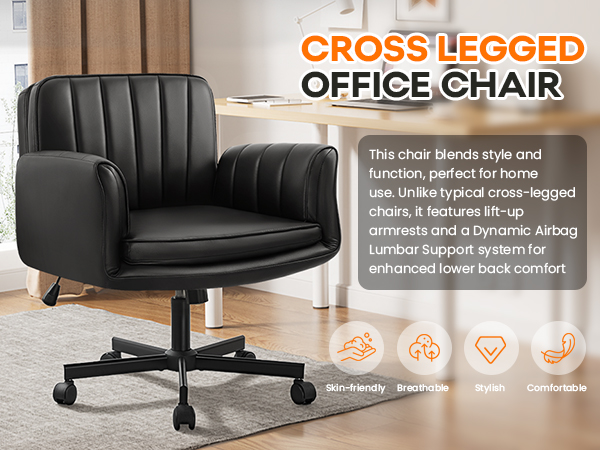 Criss Cross Chair with Wheels & Armrests, Criss Cross Office Swivel Chair, PU Leather Vanity Chair