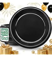 BONSINY 50 Pcs Black Plastic Plates, 10 Inch Black Plates, Plastic plate Disposable for Party Bir...