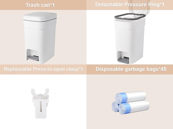 Covered Trash Bin Parts Detachable Pressure Ring*1, Disposable Bags*45, Replaceable Press Clasp*1