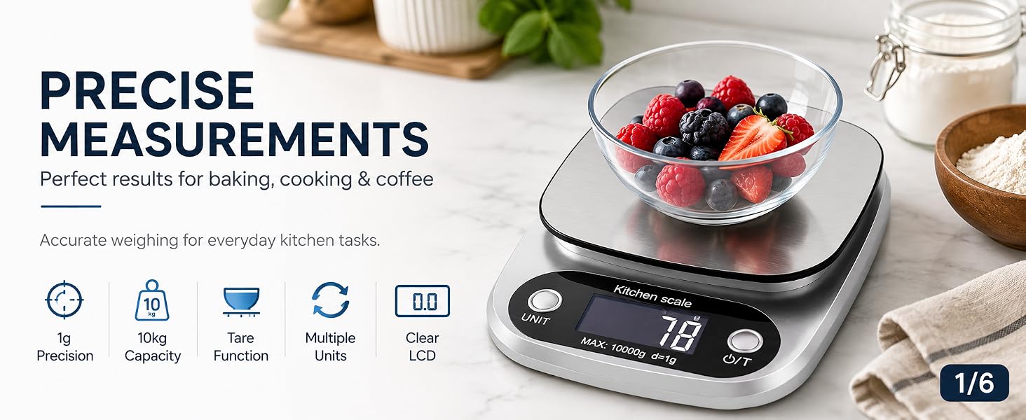 Digital kitchen scale for precise weighing in baking, cooking, and coffee preparation.