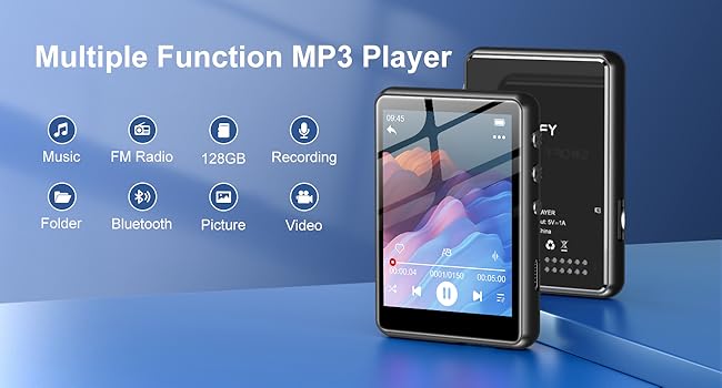 Portable MP3 player with 128GB storage, color touchscreen display, and multiple functions including music, FM radio, recording, Bluetooth, picture, and video playback.