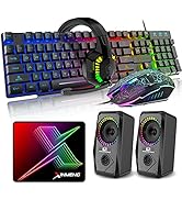 5 in 1 Wired Gaming Keyboard Mouse Headphone and Speaker Combo with Multi RGB Backlight Ergonomic...