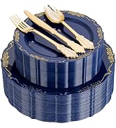 DaYammi 150Pcs Blue Plastic Plates Heavy Duty Navy Blue Disposable Plates with Gold Plastic Silve...