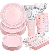 Gudvilla 350PCS Pink Plates and Napkins Party Supplies,Pink Party Plates with Silver Polka Dot Se...