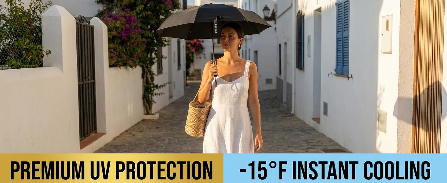 Coolibar UV Protection Sun Umbrella, Black, Compact Parasol with -15°F Instant Cooling