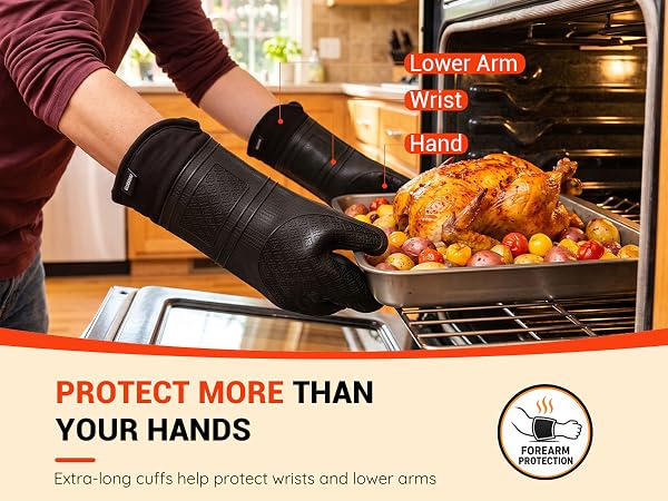Extra-long cuffs help protect wrists and lower arms