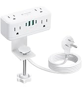 TROND Compact Desk Clamp Power Strip 5ft, Fit 2.16" Tabletop Edge, White | Flat Plug Fit Behind F...