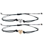 Custom heart initial thread string bracelet, waxed cord tiny charm adjustable bracelet for his an...