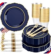 Liacere 350PCS Navy Blue Plastic Plates-Disposable Blue Gold Plates 50guest Plastic Dinnerware in...