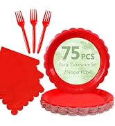 Mulbozy 75 Red Plates and Napkins Disposable Set Includes 25 Dessert Cake Scalloped Plates, Cockt...