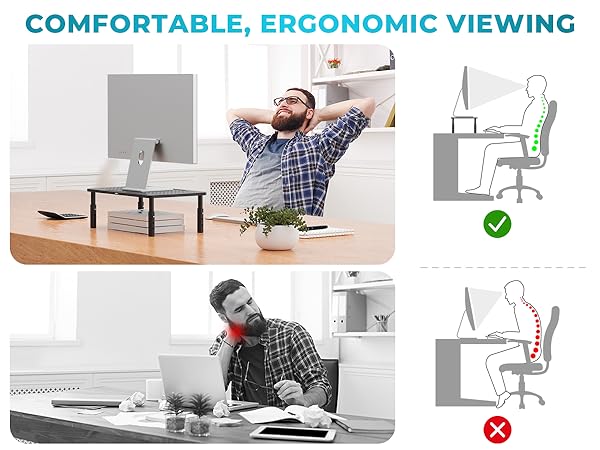 Text reads 'COMFORTABLE, ERGONOMIC VIEWING'. Split panel showing correct and incorrect desk posture illustrations with checkmark and X symbols for ergonomic computer use.