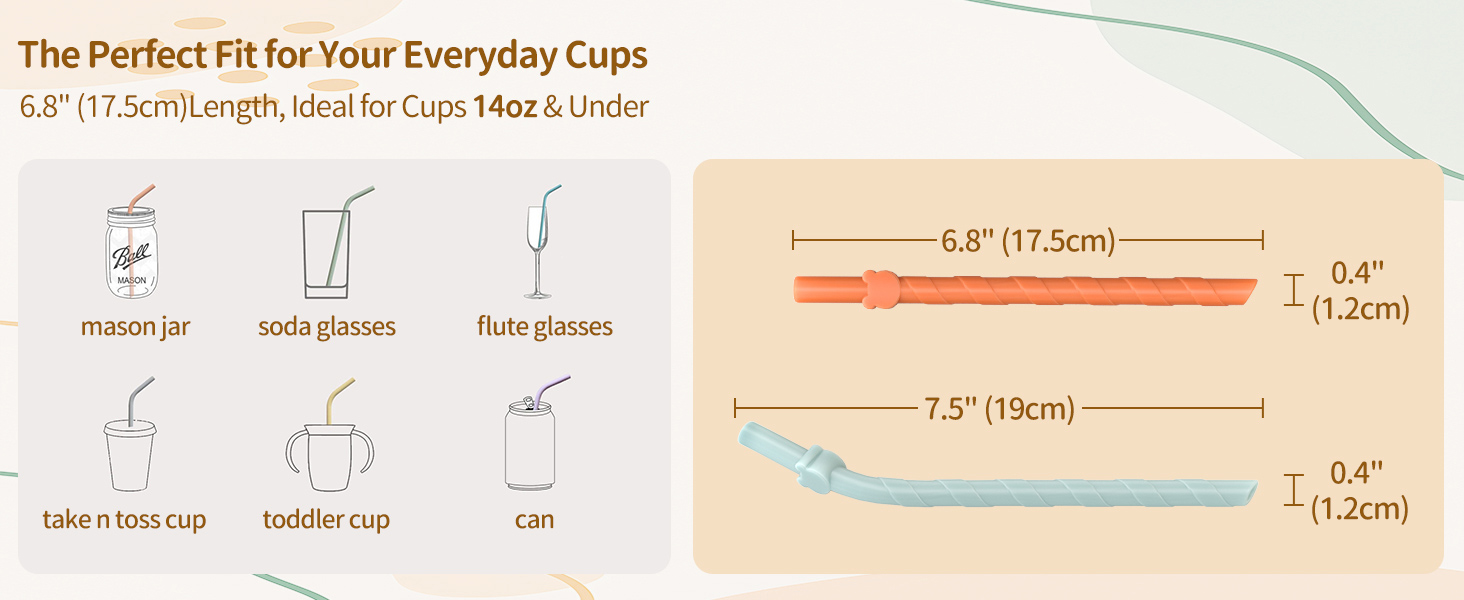 Size guide for short 6.8 inch silicone straws, a perfect fit for toddler cups and mason jars.
