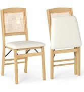 Giantex Folding Dining Chairs Set of 2, Rubber Wood Kitchen Chair w/Linen Padded Seat & Rattan Ba...