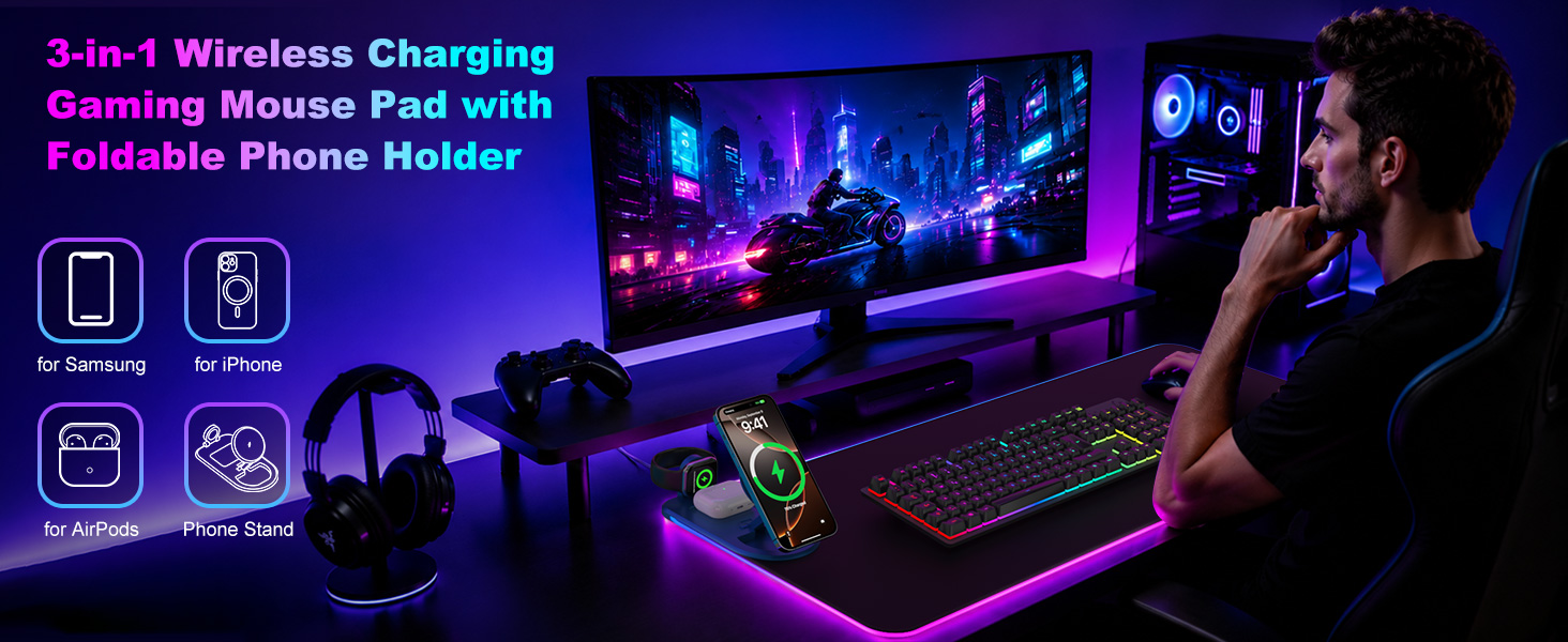 3 in 1 Wireless Charging RGB Gaming Mouse Pad