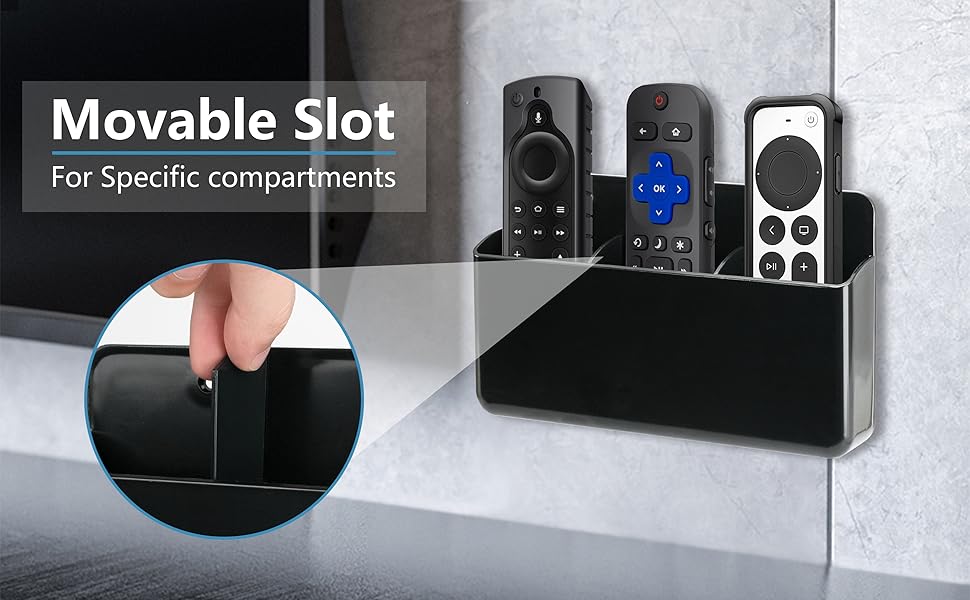Wall-mounted remote control holder with movable slot. Black rectangular box contains three TV remotes. Inset image shows finger adjusting slot divider.