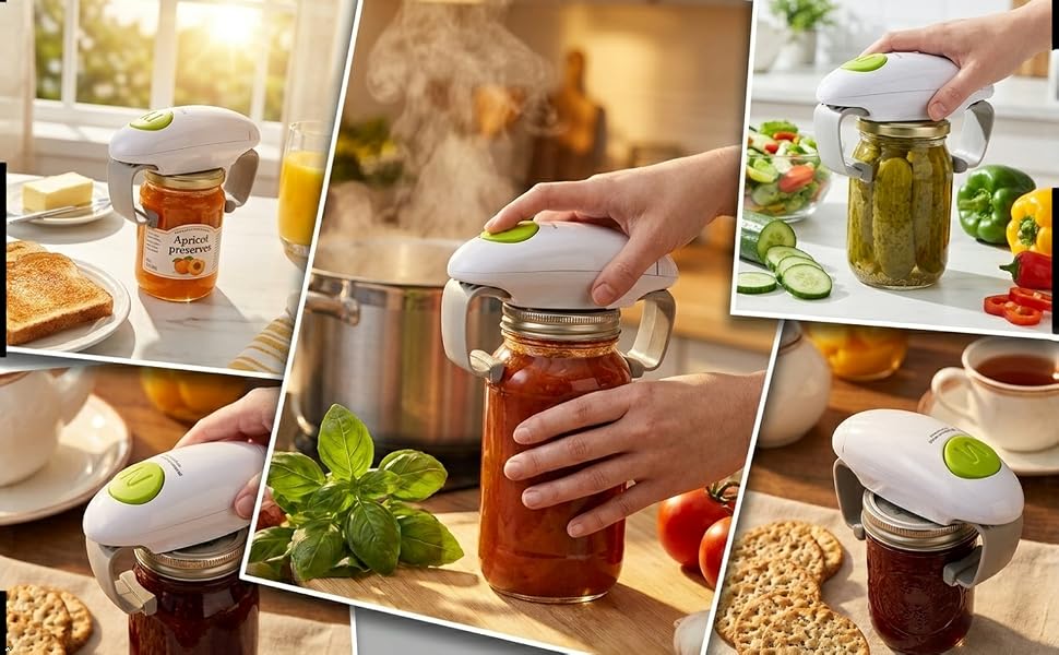 Multifunctional electric can and jar opener, opening glass jars in daily kitchen cooking scenarios