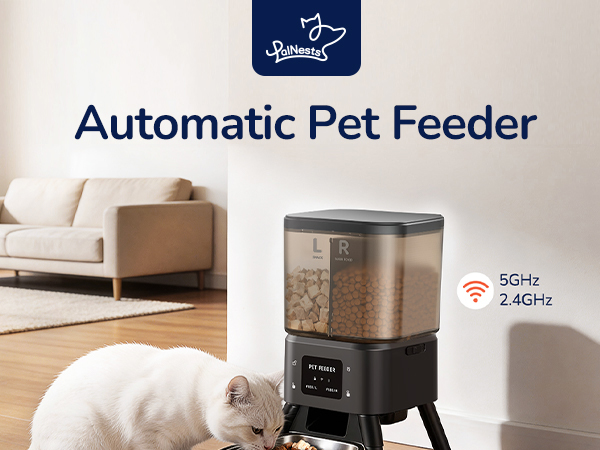 Text reads 'Automatic Pet Feeder'. White automatic pet feeding device shown in kitchen setting with a white cat approaching it.