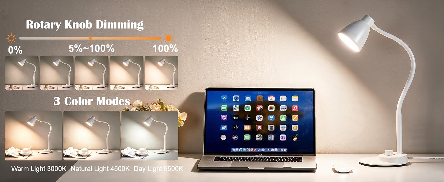 LED Desk Lamp with USB Charging Port Reading Lamp Task Lamp Flexible Table Light for Dorm Bedside