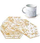 6Pcs Gold Foil Acrylic Cup Coaster, Transparent Hexagon Acrylic Aesthetic Coasters with Holder, f...